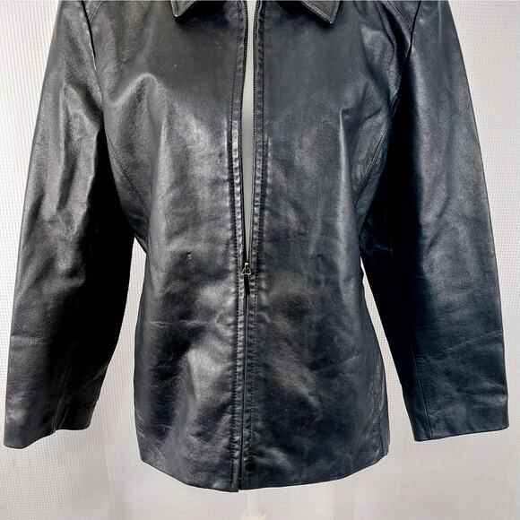 WORTHINGTON! SLEEK BLACK GENUINE LEATHER HIDDEN FRONT POCKET JACKET COAT! SZ PXL - Picture 6 of 12